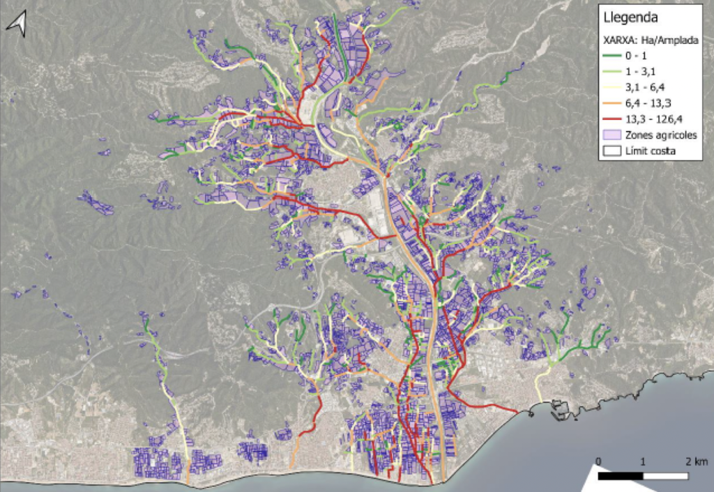 Xarxa de drenatge segons proporció de superfície agrícola drenada acumulada sobre l’amplada de cada element de la xarxa.